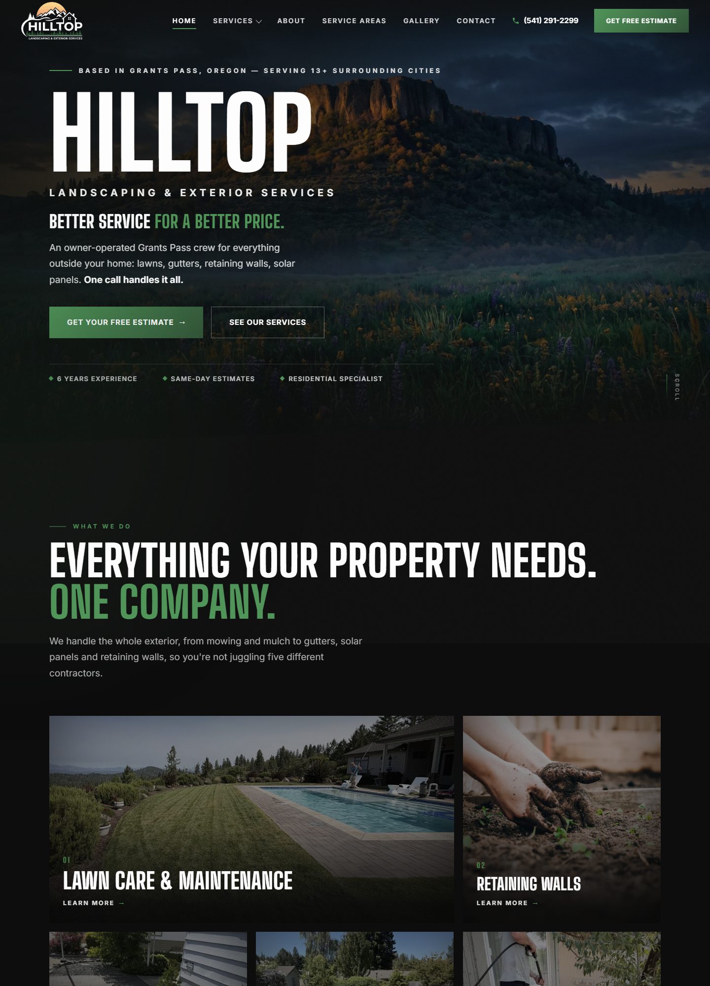 Hilltop Landscaping and Exterior Services website, desktop view