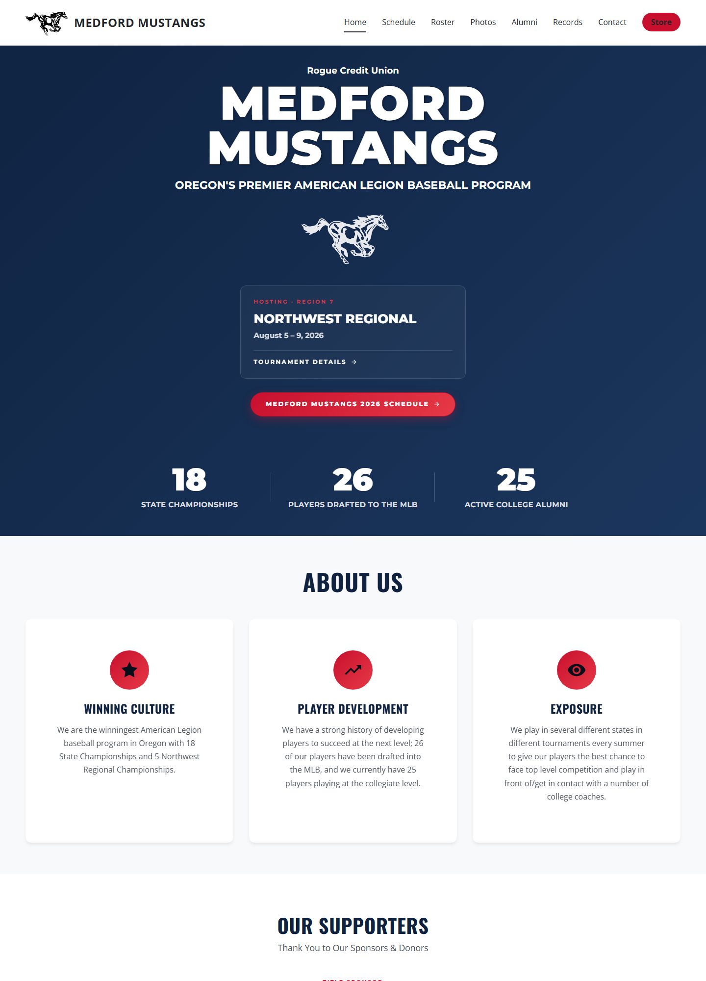 Medford Mustangs website, desktop view