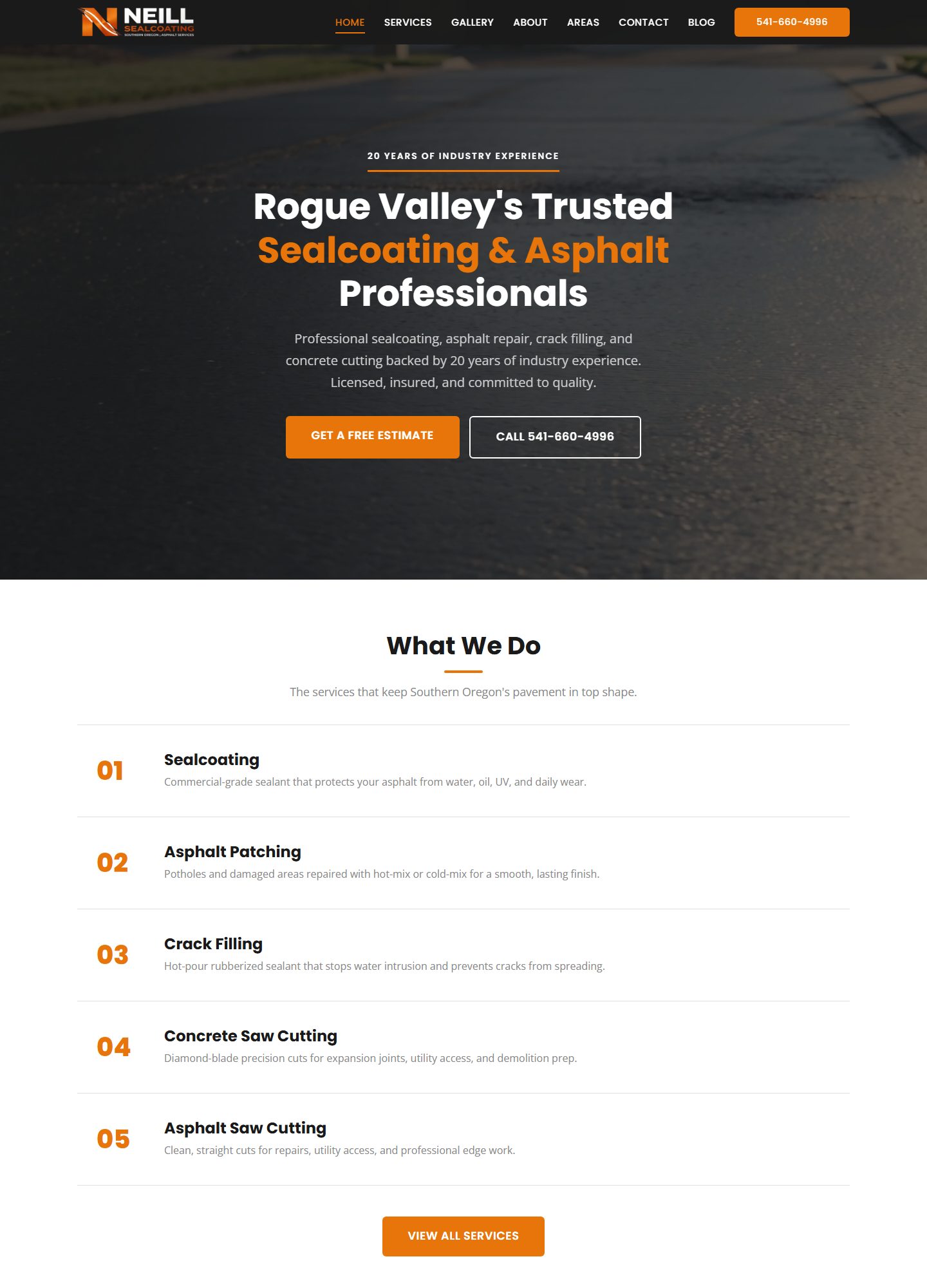 Neill Sealcoating website, desktop view