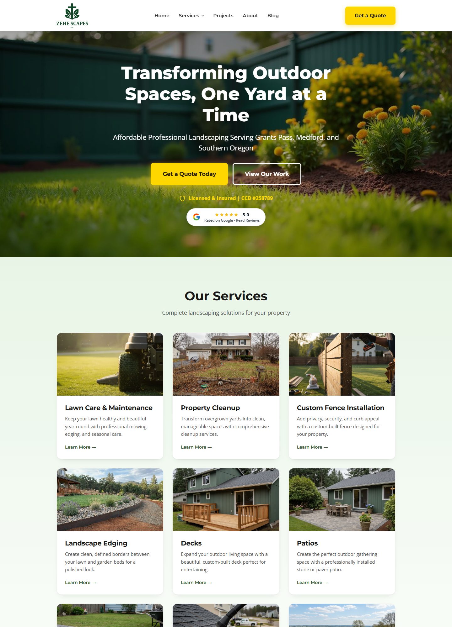 Zehe Scapes LLC website, desktop view